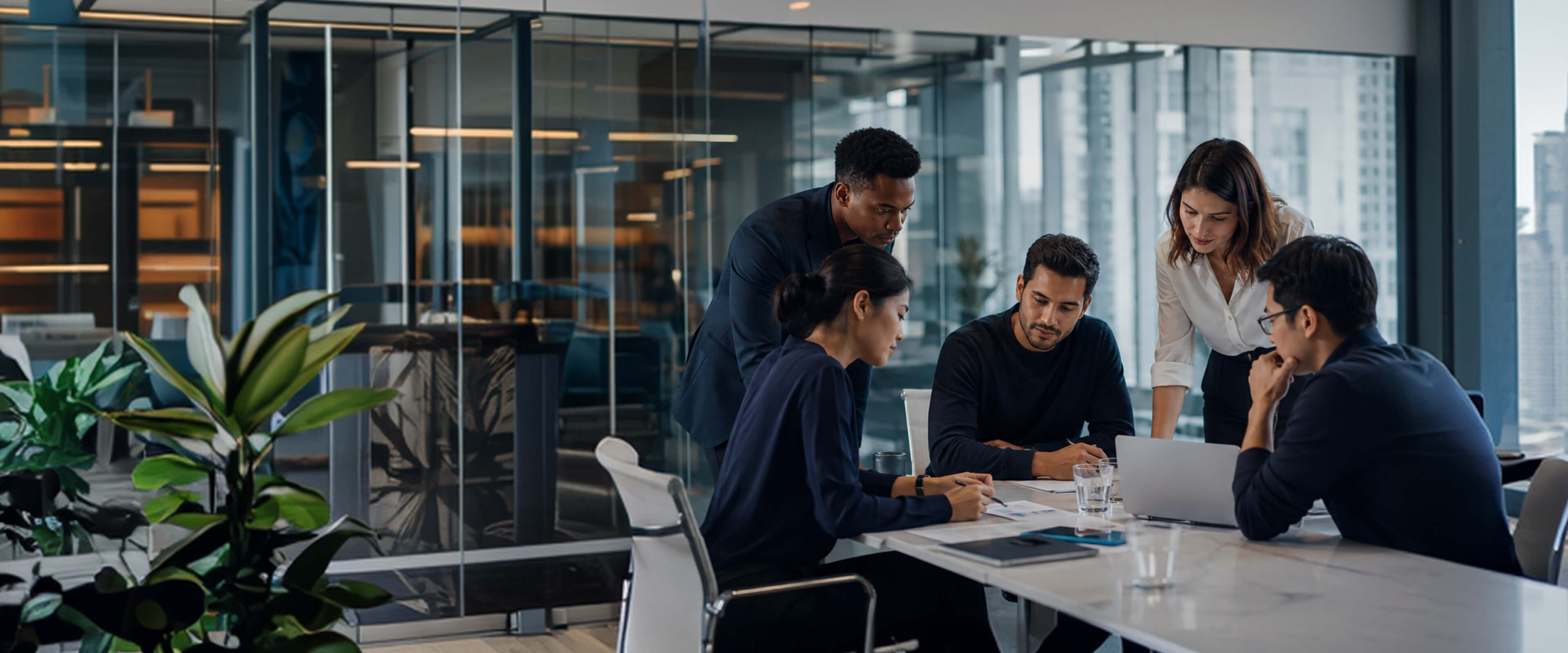 A diverse Finlaris team collaborating in a modern office