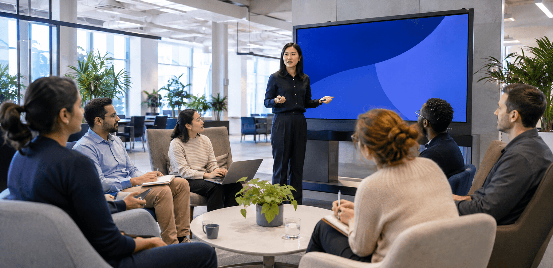 An international team discussing a presentation in a modern office